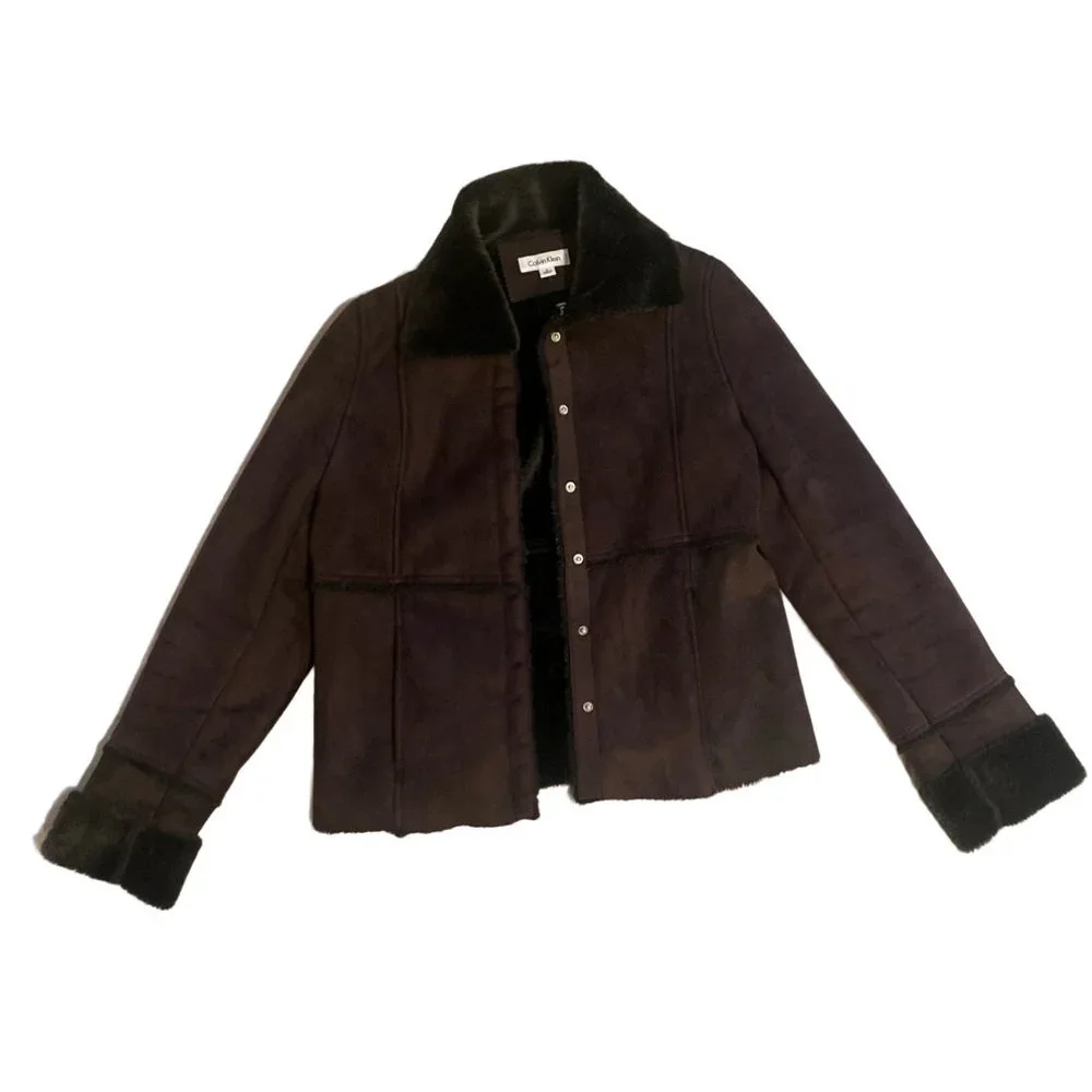 Calvin Klein Jacket Faux Fur Suede Snap Closure Sz Small Color Brown / Womens - Picture 2 of 5
